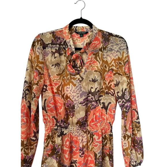 Lauren Ralph Lauren Dress Size 6 Tie Neck Spring Floral Chiffon Long Sleeve - Picture 2 of 13
